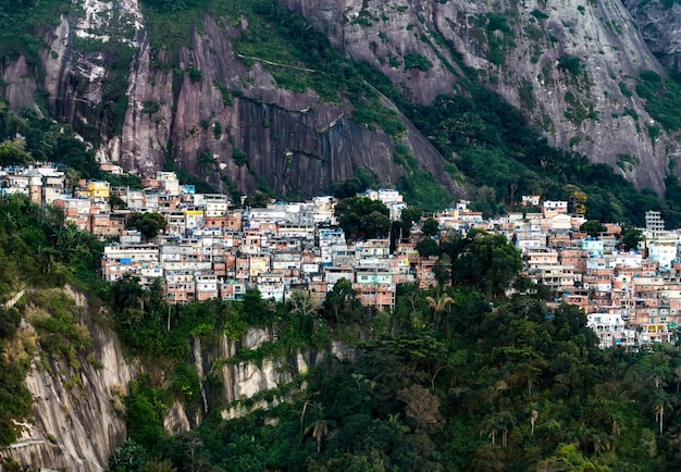 Favela Vidigal in Rio de Janeiro during sunset aerial shot