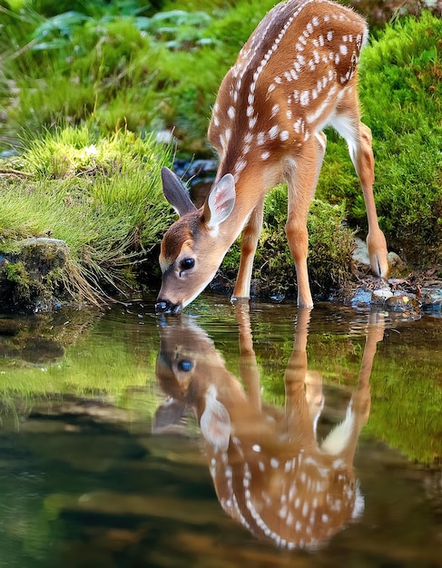 Fawn drinking from stream