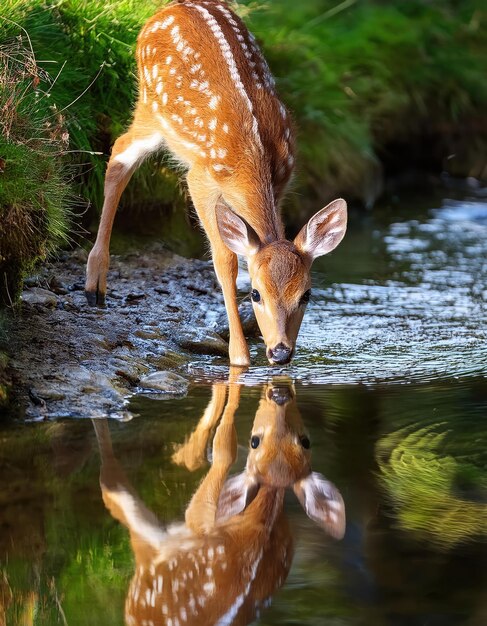 Photo fawn drinks from stream