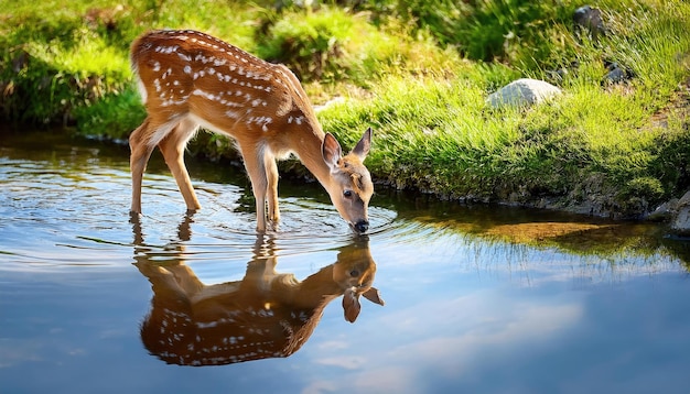 Fawn drinks from a stream