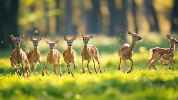 Fawn Family Running Through a Sunny Meadow