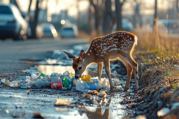 Photo a fawn foraging among plastic waste by a road