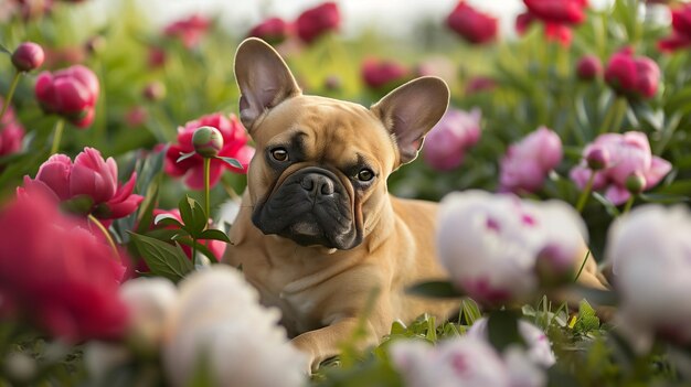 Fawn French Bulldog Relaxing in Pink Peonies Field