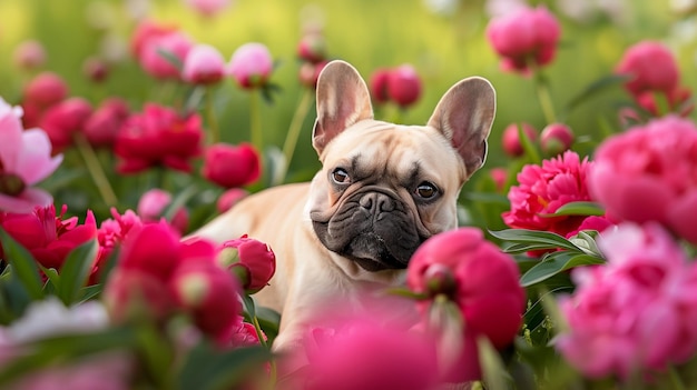 Fawn French Bulldog Relaxing in Pink Peonies Field