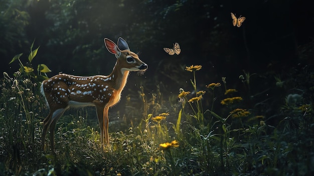 Photo a fawn gazes at butterflies in a sunlit meadow