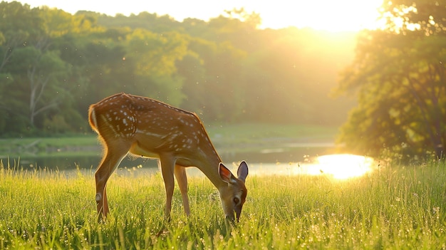 Fawn Grazing in Golden Hour