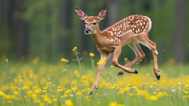 Fawn Leaping Through a Field of Yellow Flowers