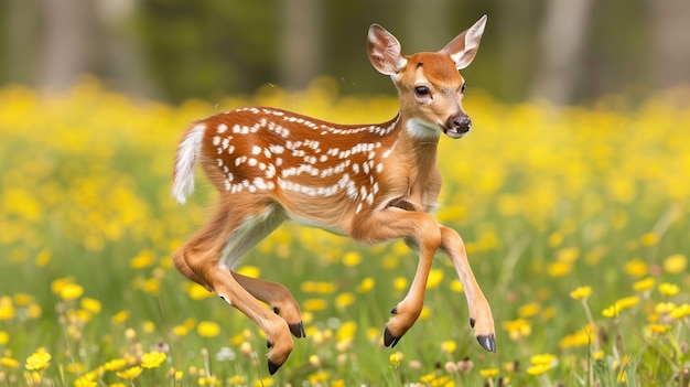 Fawn Leaping Through a Field of Yellow Flowers