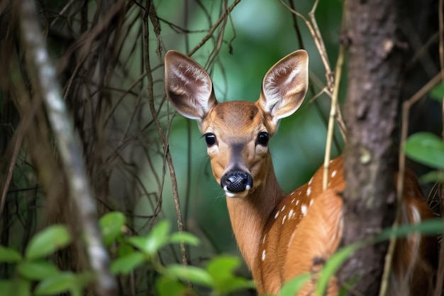 Fawn peeking out from behind forest shrubbery created with generative ai