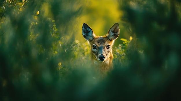 Photo fawn peeking through foliage