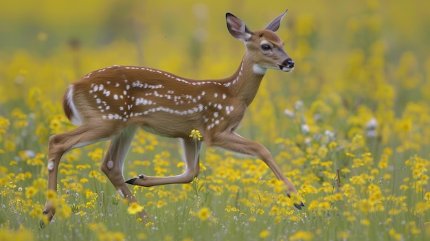 Fawn Running Through a Field of Yellow Flowers