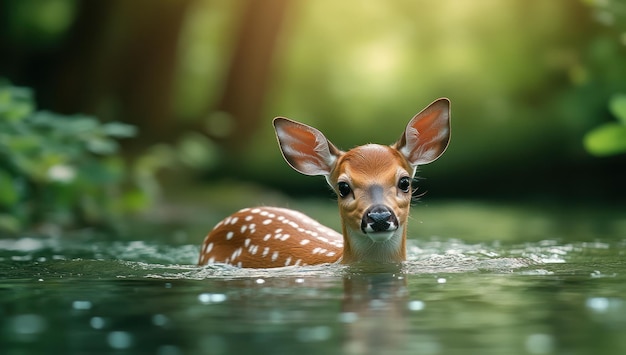 Photo fawn swimming in a forest stream