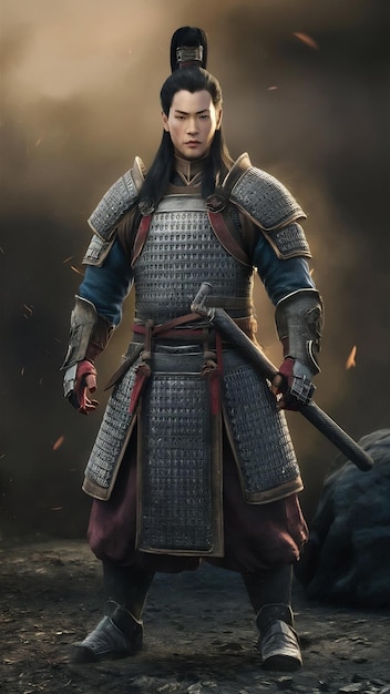 The fearless chinese warrior stood tall adorned in heavy armor and ready for battle