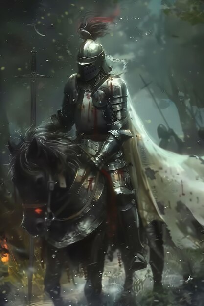 Photo a fearless knight in armor rides through a dark forest during a chaotic battle