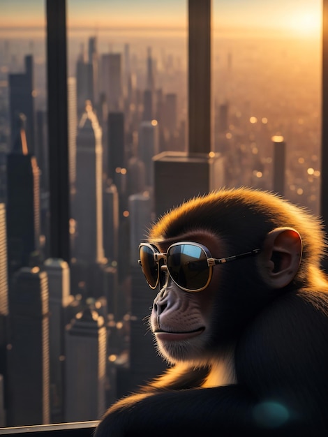 Fearless Monkey in Stylish Sunglasses on Urban Skyscraper Generative ai