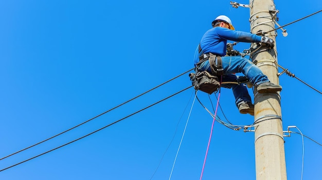 Photo fearlessly navigating heights he maintains power infrastructure