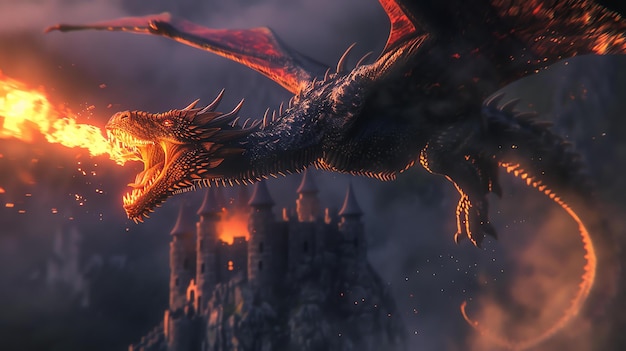 A fearsome dragon flies over a medieval castle breathing fire and casting a long shadow