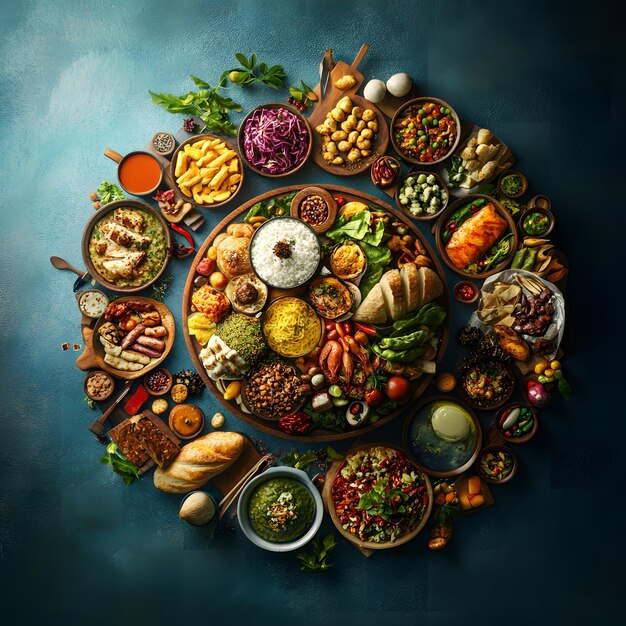 Photo a feast of diverse dishes arranged in a circle on a blue background