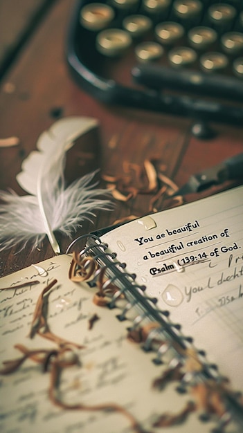 Feather on a book with a pen and a typewriter