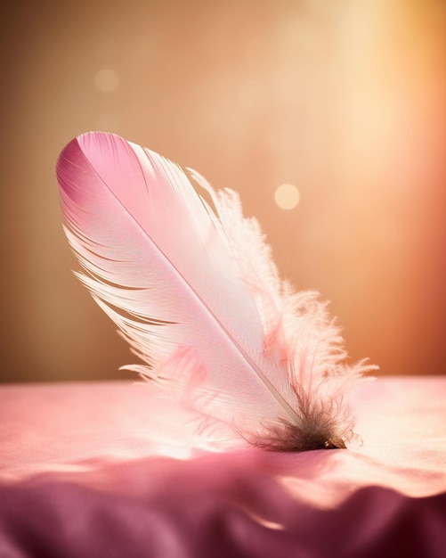 A feather is laying on a pink cloth