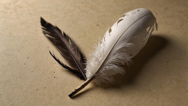 a feather laying on the ground with a stick in it