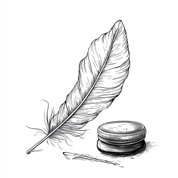 a feather sits on a table with a pen and a pen