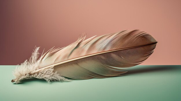 A feather that is on a table with a pink background.