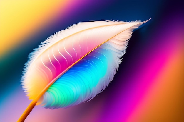 A feather with a rainbow background.