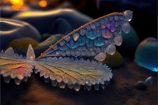 A feather with water drops on it