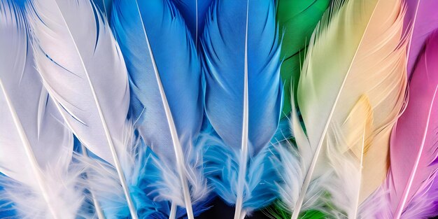 Photo feathers arranged in a colorful row with white on the left blue in the center and green on the right concept feathers colorful display artistic arrangement