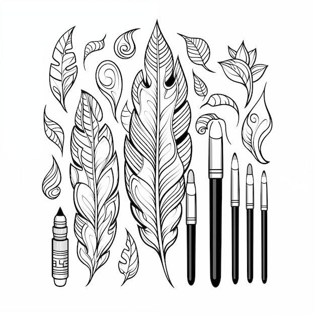 Feathers brush and felttip pen A collection of items for creativity Children coloring book Created with AI