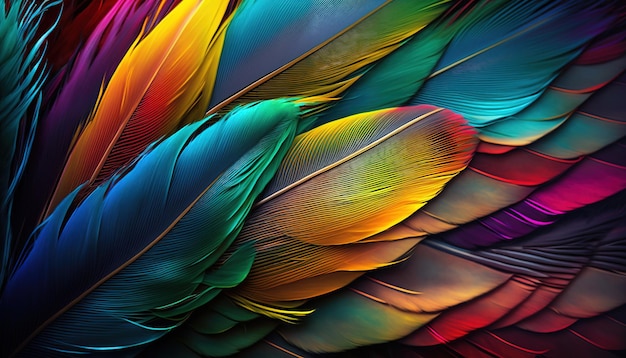 Feathers from a scarlet macaw bird with red, yellow, orange, and blue tones, as well as an exotic ba