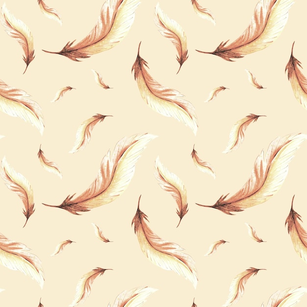 Feathers retro style seamless pattern watercolor background print of birds feathers template of hand