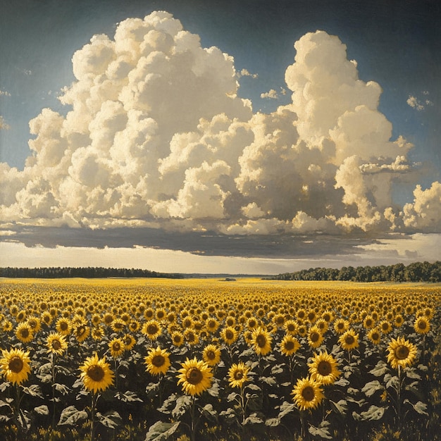 Feathery cumulus mists creating shaded areas on a field of sunflowers