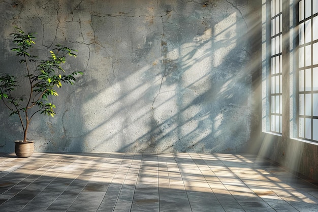 Featuring a abstract empty room interior with concrete wall and floor sunlight shadow on the wall