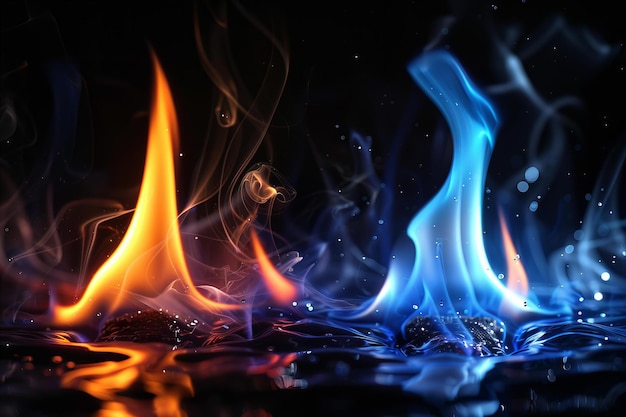 Featuring a black background with two flames of blue and some yellow