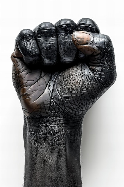 Photo featuring black power fist cutout on white background