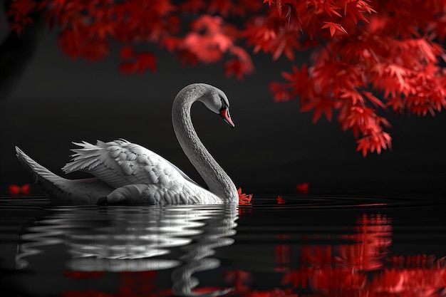 Featuring a black swan with reflection on water isolated over black background ing wide angle lo