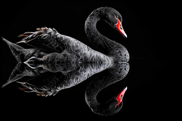 Featuring a black swan with reflection on water isolated over black background wide angle lens real