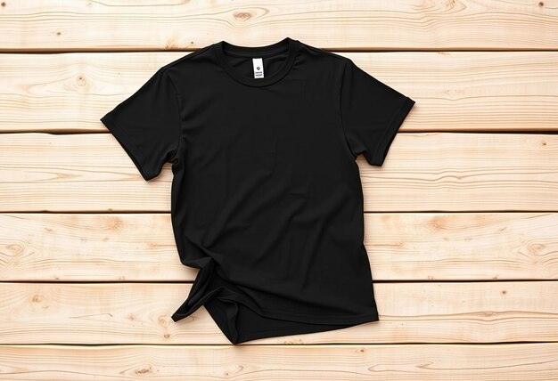 Photo featuring black tshirt mockup on wood flat lay high resolution