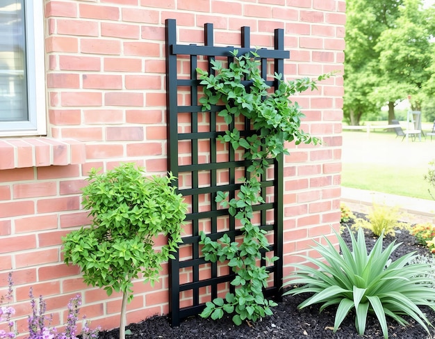 Photo featuring brick wall with a trellis