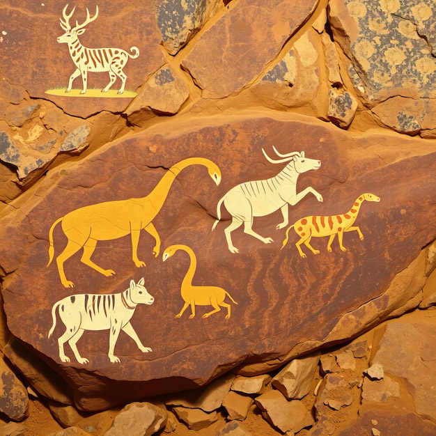 Photo featuring a cave painting of several animals on the rocks