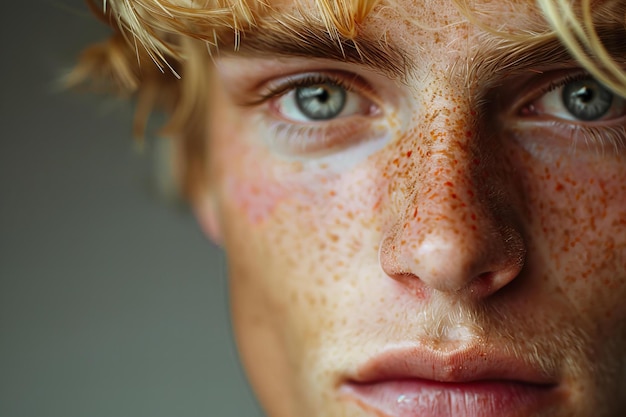 Featuring a close up of eyes handsome blond man with pink eye and red grainy skin