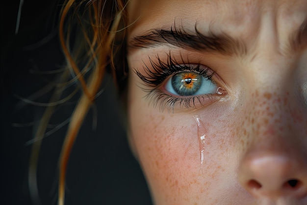 Photo featuring a close up of tearful face single woman with long eyelashes and natural makeup on black b