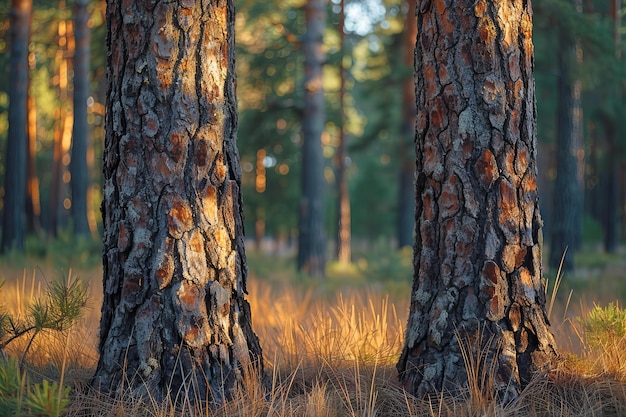 Featuring a close up of the trunks and bark of two pine trees in an open forest redwood tree trunk