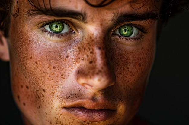 Featuring a closeup of a mans face with green eyes looking directly at the camera black backgroun