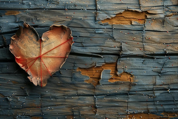 Featuring a closeup of an old wooden background with a heartshaped paper and red thread symbolizin