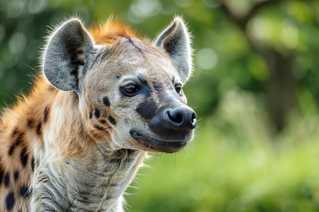 Photo featuring a closeup portrait of an african hyena its focused eyes and distinctive short ears stand