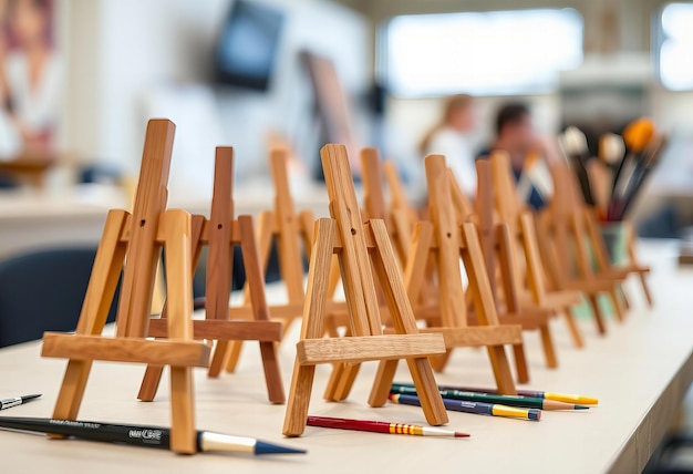 Photo featuring closeup of small wooden easels at a team building event