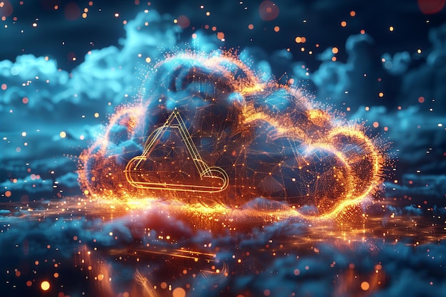 Featuring a cloud technology background with data particles flying around and glowing cloud icon in